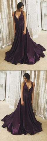v-neck dark purple satin long prom dress, BD7677