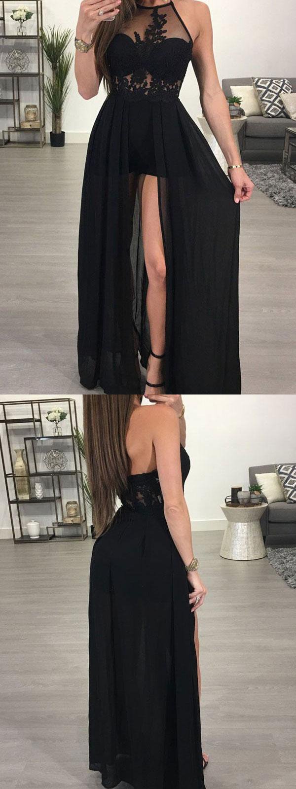 charming halter black side slit long prom dress,BD14457