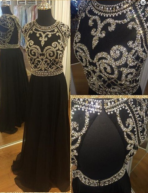 black prom dress, long prom Dress, beaded evening dress, open back prom dress, evening dresses, BD392