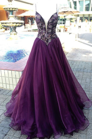 spaghetti straps A-line purple beaded long prom dress, PD4489