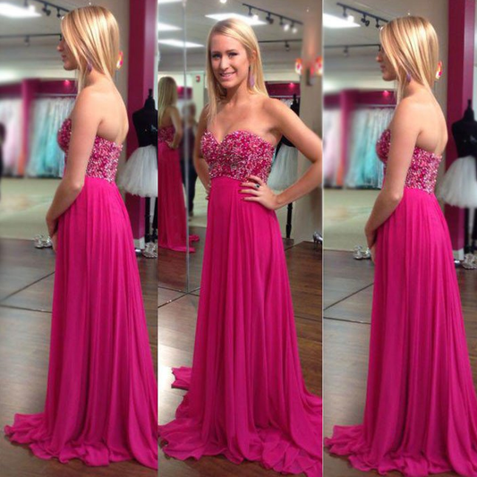 hot pink sweetheart beaded chiffon long prom dress, PD9778
