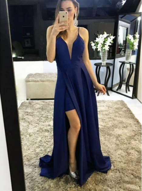 simple spaghetti straps long prom dress with side slit, PD02504