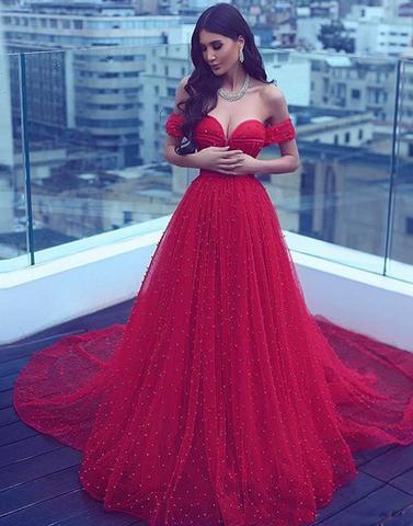 off shoulder long red A-line tulle formal prom dress, PD1298