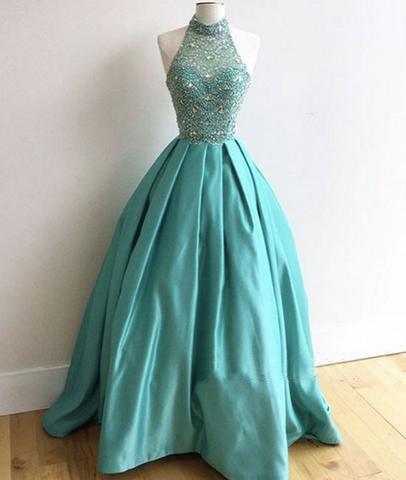 blue A-line beaded top halter long charming prom dresses, PD1300