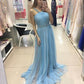 elegant light blue tulle long prom dress, PD59613