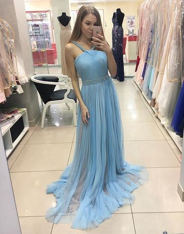 elegant light blue tulle long prom dress, PD59613