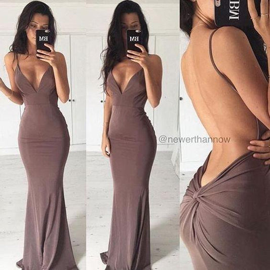 spaghetti straps open back mermaid brown long prom dress, PD0508