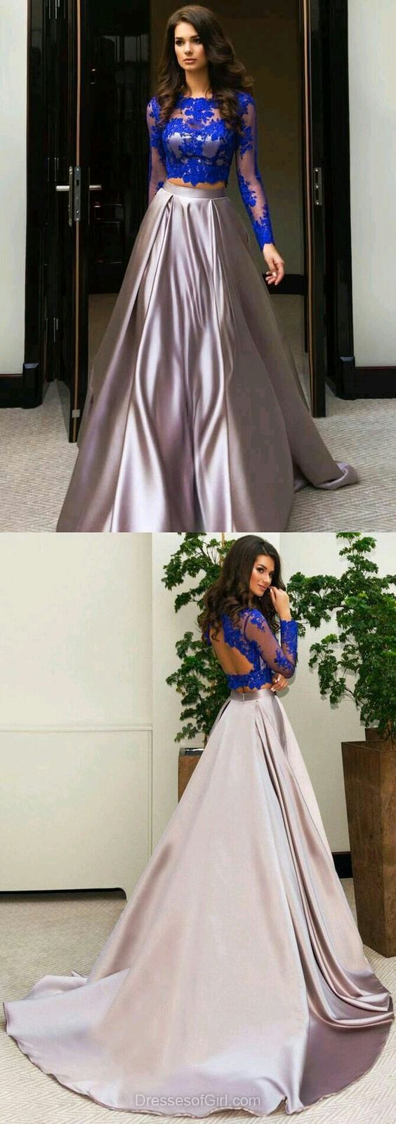 two pieces blue lace long sleeves prom dress, PD5644