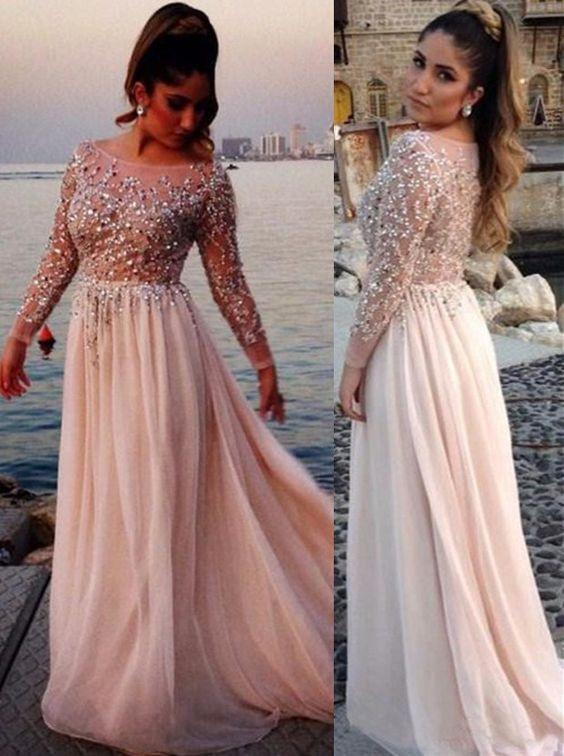 light pink prom dress, long prom dress, beaded prom dress, long sleeves prom dress, modest evening dress, BD270
