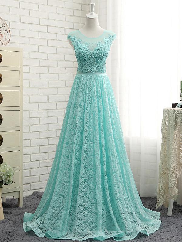 modest cap sleeves blue lace long prom dress, PD5219