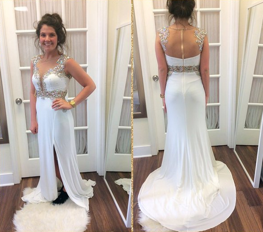 white chiffon side slit beaded long prom dress, PD9775