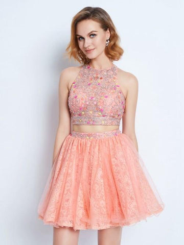 peach homecoming dress, short homecoming dress, two pieces prom dress, beaded homecoming dress, junior homecoming dress, BD3788