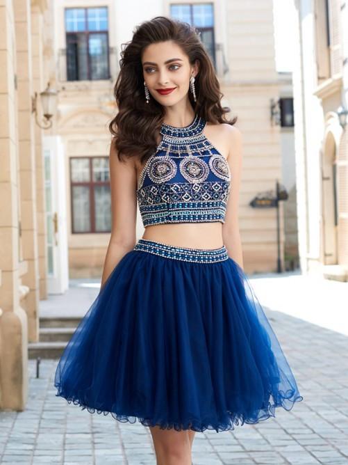 two pieces homecoming dress, short homecoming dress, royal blue homecoming dress, beaded homecoming dress, homecoming dress, BD3790