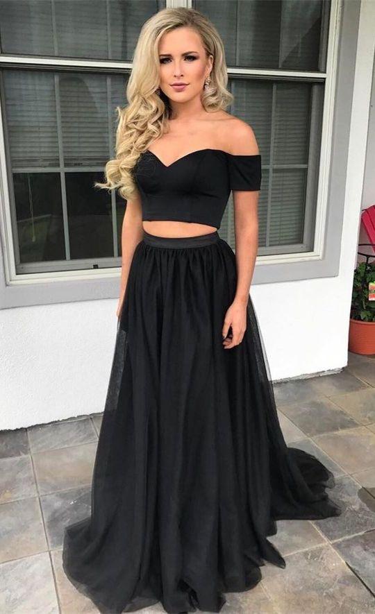 formal off shoulder two pieces black tulle long prom dress, PD8596