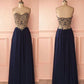 dark blue prom dress, long prom dress, strapless prom dress, beaded evening dress, BD381