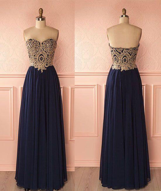 dark blue prom dress, long prom dress, strapless prom dress, beaded evening dress, BD381