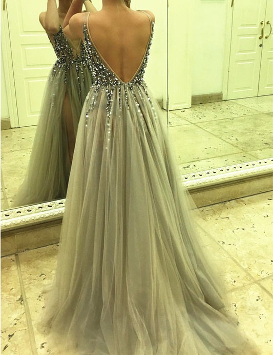 v-neck backless grey tulle sparkle beaded long prom dresses, PD4154