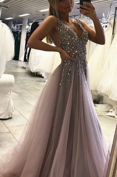 v-neck backless grey tulle sparkle beaded long prom dresses, PD4154