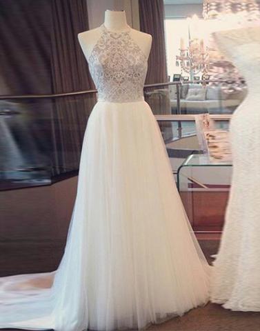 white long tulle beaded prom dress, halter evening dress, PD7269