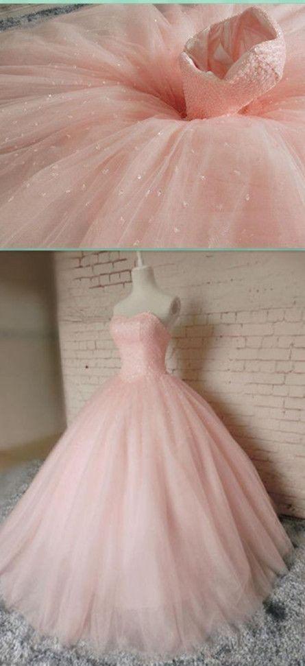 A-line blush pink long strapless tulle princess prom dresses, BD7656