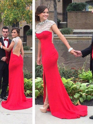 red prom dress, side slit prom dress, formal prom gown, backless prom dress, evening dress, BD269