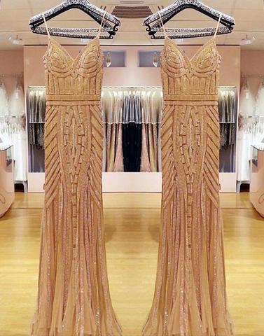 gold sparkle spaghetti straps mermaid long prom dress, PD7658