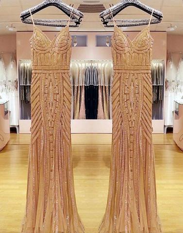 gold sparkle spaghetti straps mermaid long prom dress, PD7658