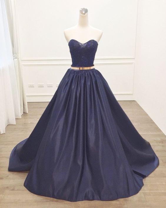 dark navy strapless long A-line prom dress simple ball gown, BD1629