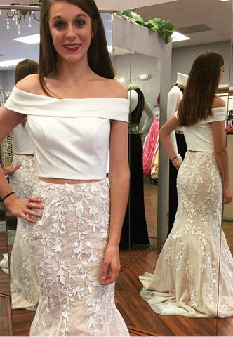 off shoulder white mermaid two pieces lace skirt prom dress, PD549