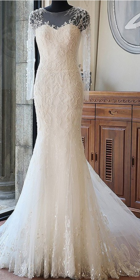 modest scoop long sleeves mermaid tulle beaded long train wedding dresses, WD107