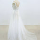 cap sleeves white tulle long wedding prom dress, PD7850