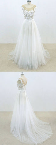 cap sleeves white tulle long wedding prom dress, PD7850