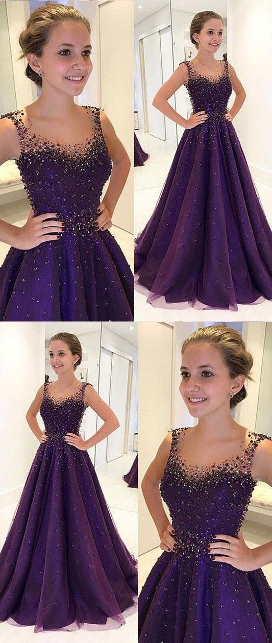 dark purple A-line beaded long prom dress for girls, PD5476