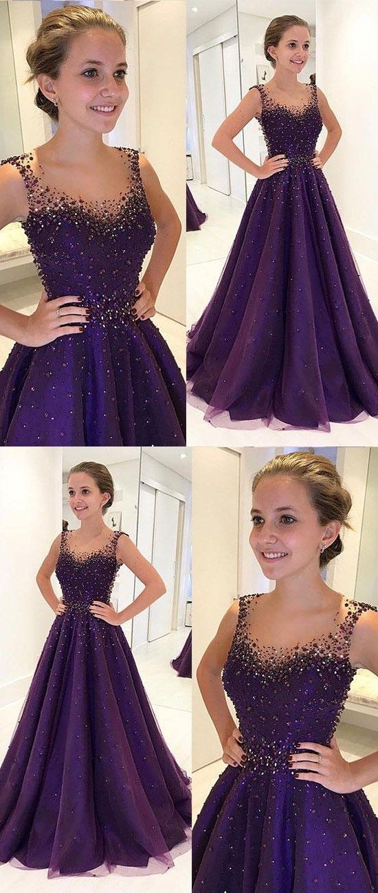 dark purple A-line beaded long prom dress for girls, PD5476