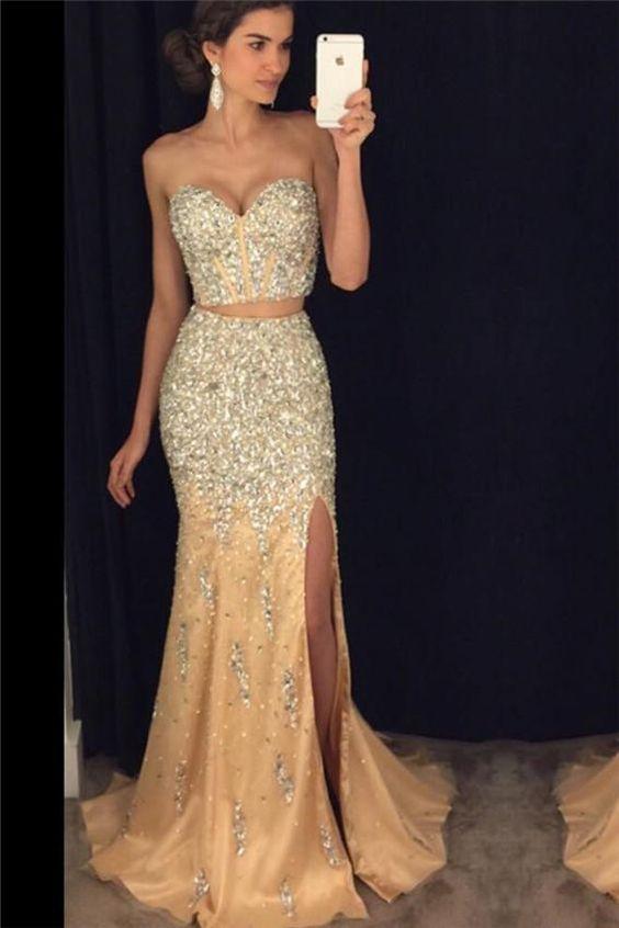 two pieces beaded mermaid sweetheart long side slit prom dress, PD65616