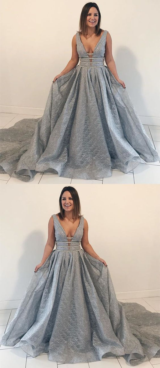 deep v-neck gray lace long formal prom dress, PD7532