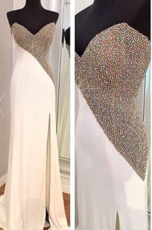 white prom dress, long prom dress, beading prom dress, prom dress, side slit evening dress, BD384