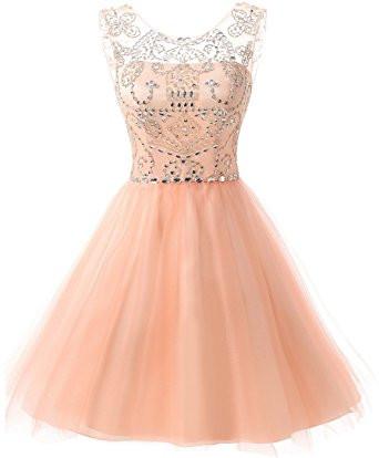peach tulle beaded A-line junior homecoming dress , BD3699