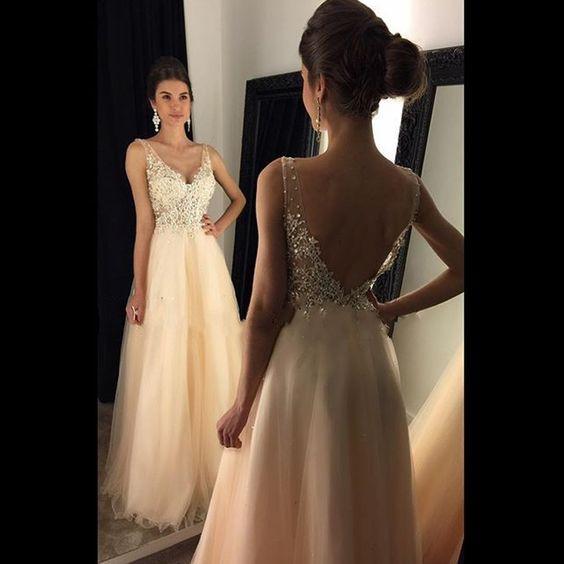 blush pink prom dress, long prom dress, 2020 prom dress, v-neck prom dress, beaded evening dress, BD0009