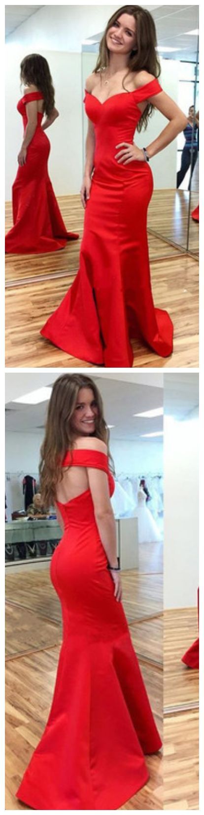 elegant satin off shoulder red mermaid long prom dress, PD7941
