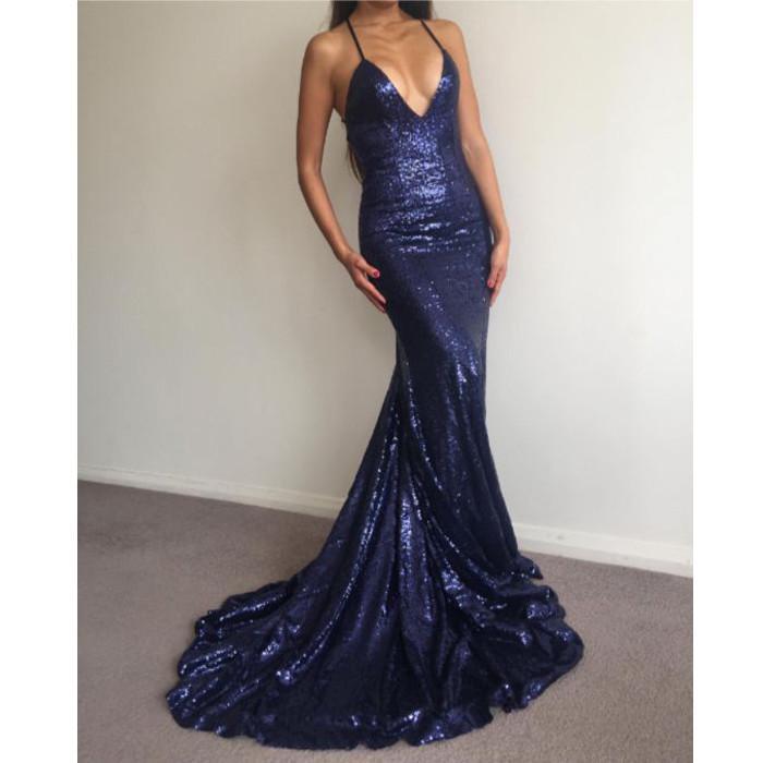 formal mermaid sparkle navy sequin long prom dress, BD4455