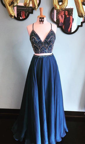 spaghetti straps blue two pieces long beaded prom dress, BD4454