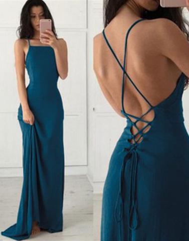 teal lace up open back long prom dress, PD59612