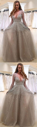 long sleeves v-neck beaded light gray long prom dress, PD9743