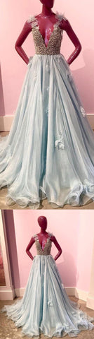 light blue v-neck long formal charming prom dress, PD9746
