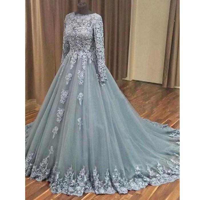modest dusty blue long sleeves A-line lace prom dress, PD9747