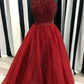 halter red organza A-line beaded long prom dress, PD7691