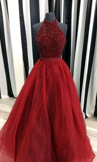 halter red organza A-line beaded long prom dress, PD7691