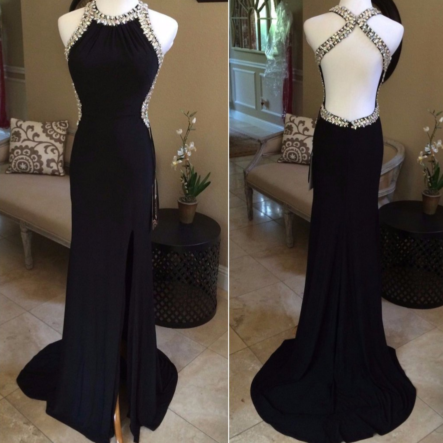 side slit beaded black backless halter formal charming 2017 long prom dress, PD9776