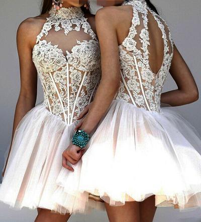 charming lovely high neck lace A-line homecoming dress short prom dress, HD3997